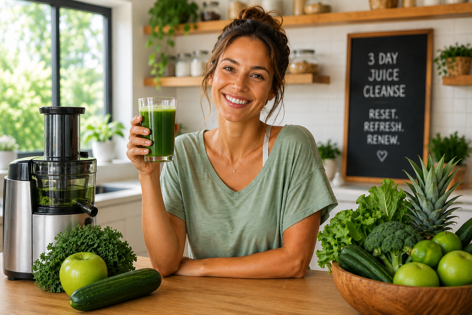 Healthy woman drinking green juice in a kitchen during a 3-day juice cleanse