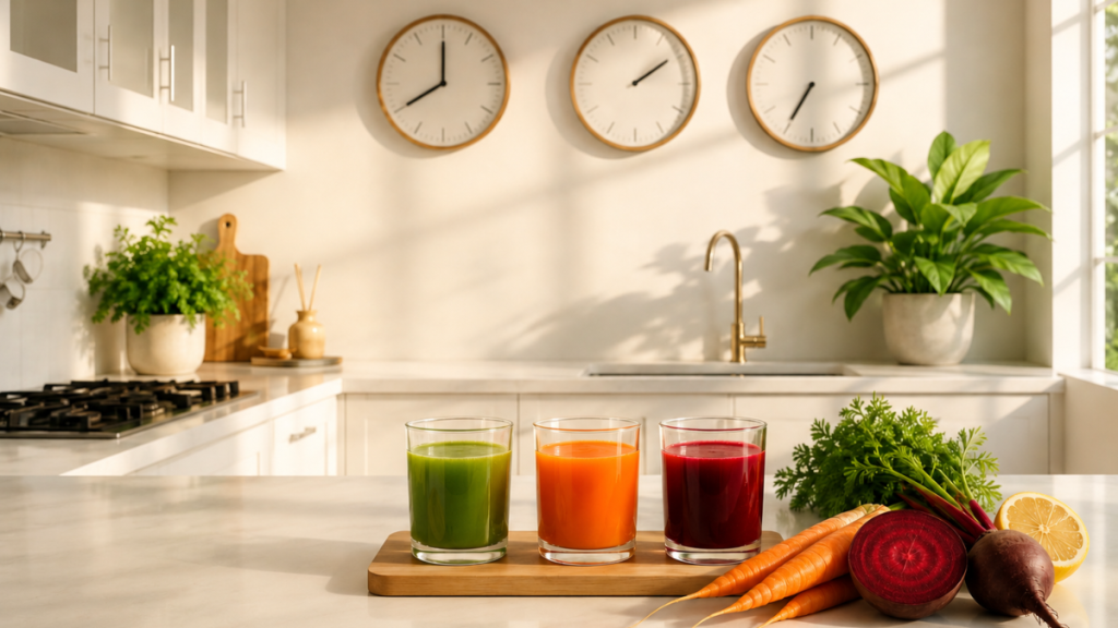 Three fresh juices representing a daily juice schedule during a 3-day juice cleanse, with clocks showing morning, afternoon and evening consumption times.