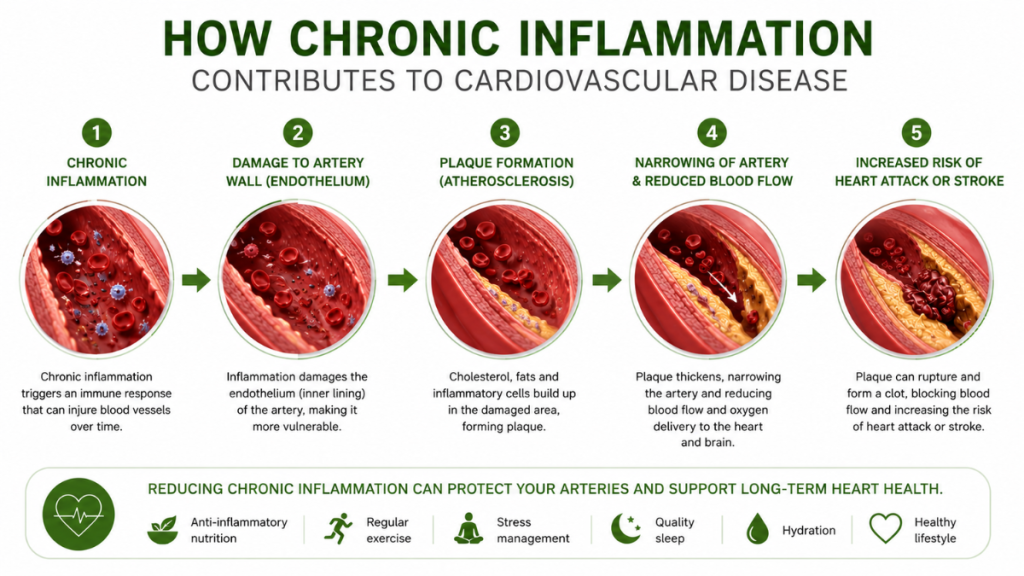 Infographic showing how chronic inflammation damages arteries, causes plaque build-up and increases the risk of cardiovascular disease, heart attack and stroke.