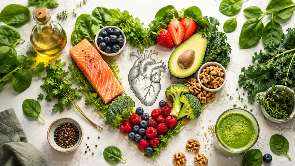 Anti-inflammatory foods including leafy greens, berries, avocado, broccoli, walnuts, olive oil, salmon and green juice arranged around an anatomical heart to support heart health naturally.
