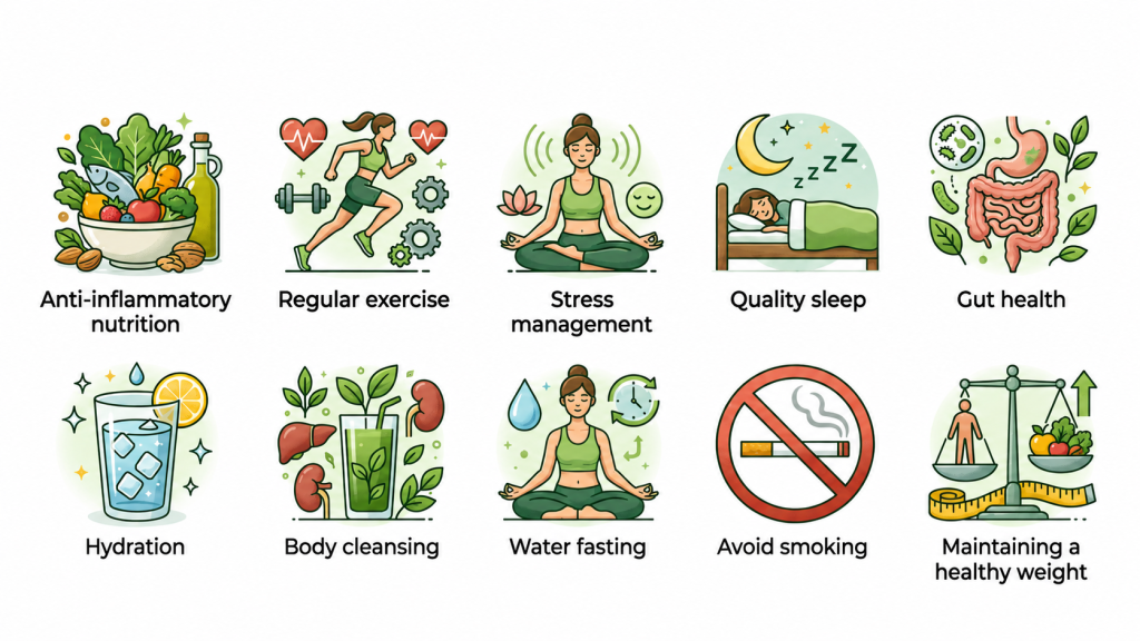 Infographic showing the key lifestyle pillars that support heart health, including anti-inflammatory nutrition, exercise, sleep, gut health, hydration and stress management.