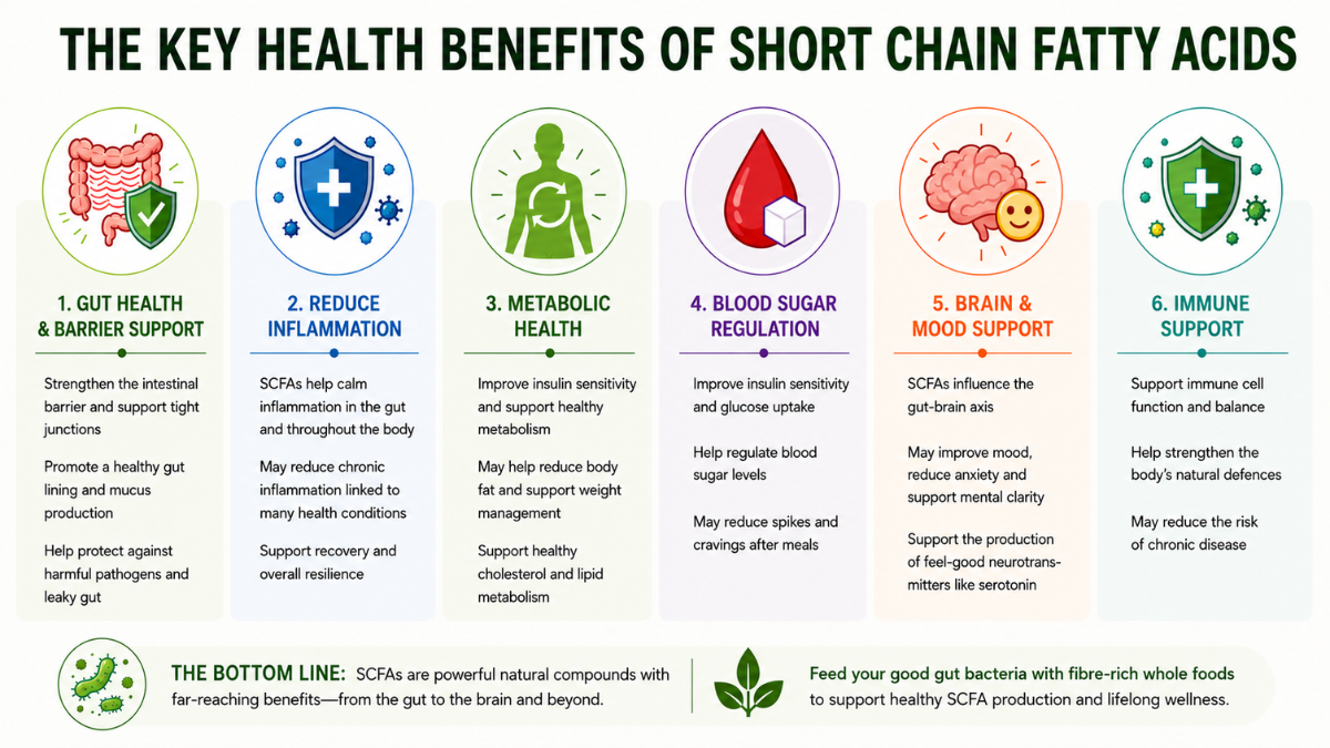 Infographic showing the health benefits of short chain fatty acids including gut health, inflammation reduction, metabolic health, blood sugar regulation, brain function and immune support.