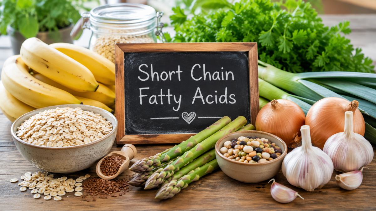 Short Chain Fatty Acid (SCFA)-rich foods including oats, bananas, asparagus, onions and garlic that support gut health.