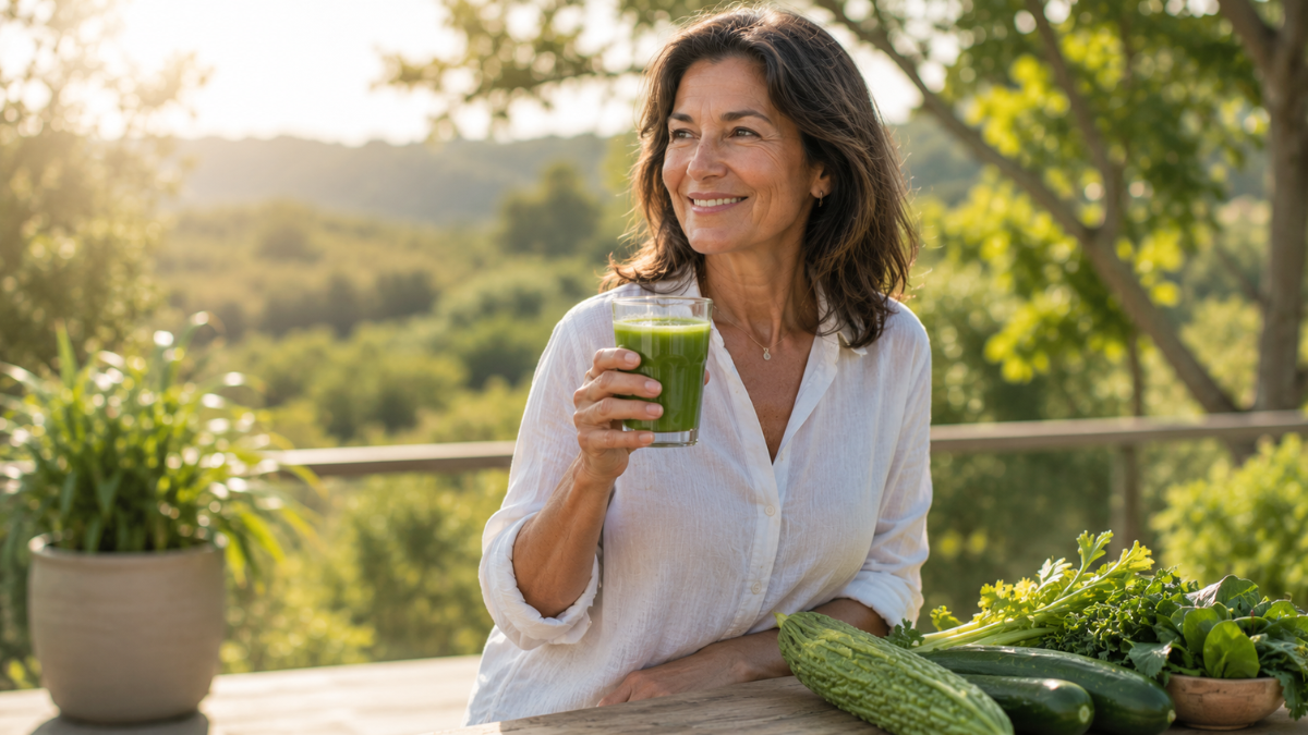 Woman holding a green juice outdoors with bitter gourd, cucumber, celery and leafy vegetables on a table, representing natural blood sugar support and healthy living.