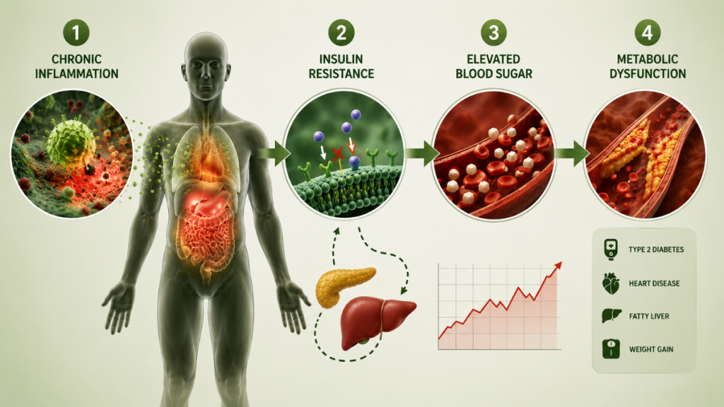Infographic showing how chronic inflammation contributes to insulin resistance, elevated blood sugar levels and metabolic dysfunction, alongside the role of bitter gourd within a natural blood sugar management strategy.
