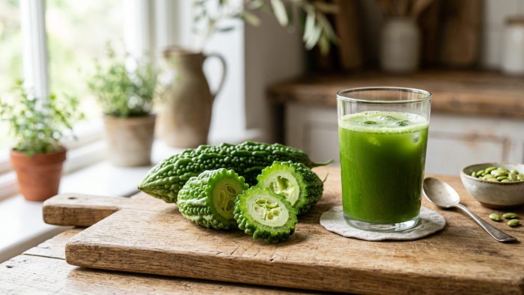 Glass of freshly pressed bitter gourd juice photographed in natural light for blood sugar and wellness education.
