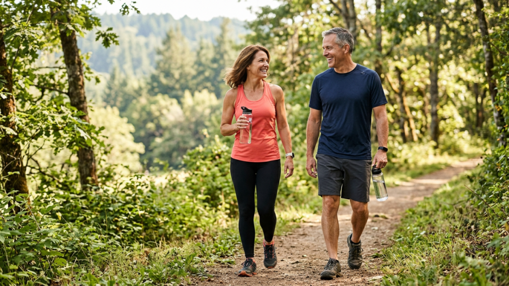 Healthy middle-aged man and woman walking outdoors in nature carrying water bottles as part of an active and balanced lifestyle.