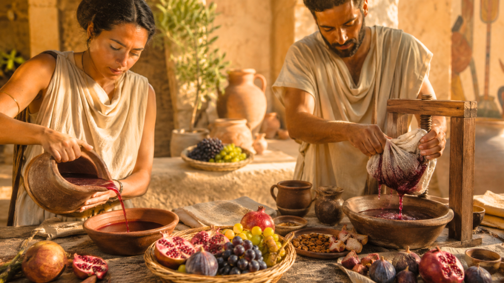 Ancient Egyptian and Mediterranean workers pressing pomegranates and grapes into traditional clay vessels.