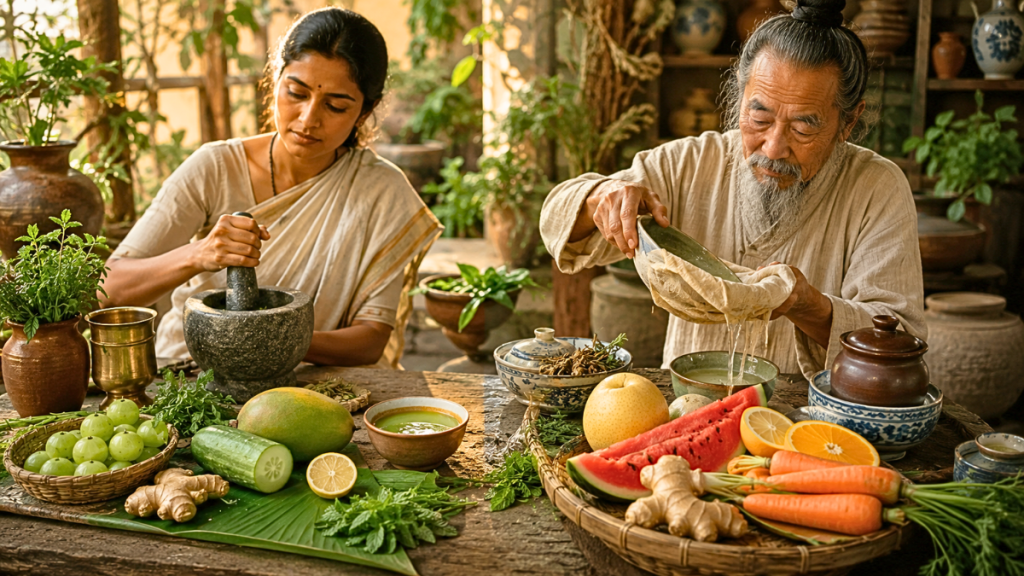Ayurvedic and Chinese medicine practitioners preparing fruit, herbs and traditional plant liquids.
