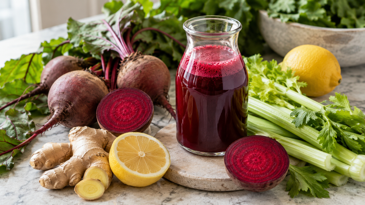 Beetroot juice with fresh beetroot, ginger, lemon and greens for circulation and detox support.