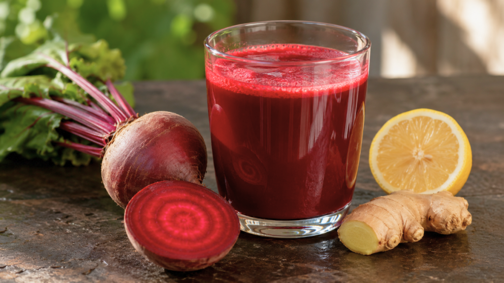 Beetroot juice with fresh beetroot, lemon and ginger for blood pressure and circulation support.
