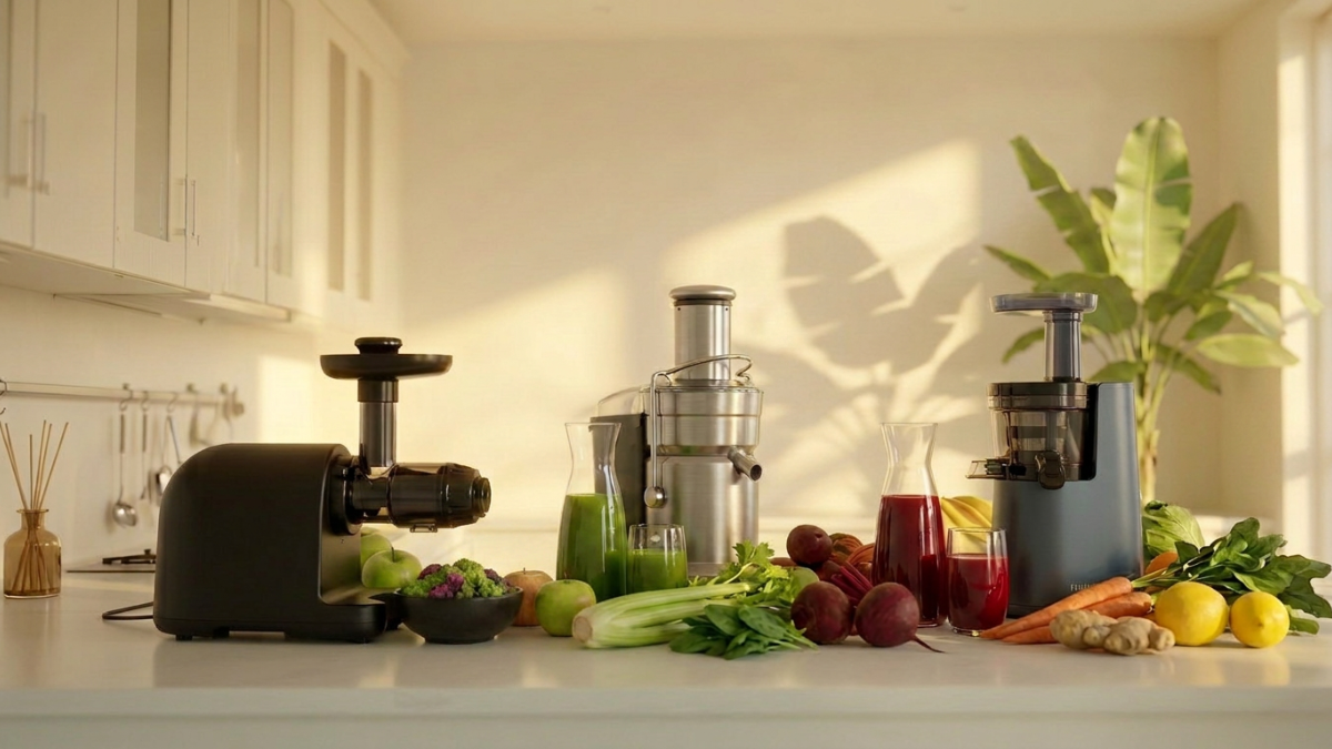 Slow, masticating and centrifugal juicers with fresh vegetables and healthy juice for a juice cleanse.