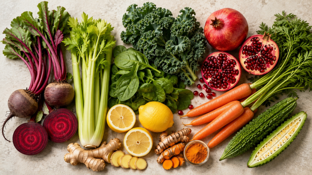 Fresh ingredients including beetroot, celery, carrots, ginger, turmeric, kale and lemons used in healthy juice recipes.