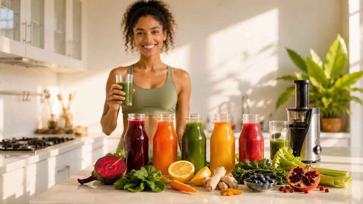 Fresh juice recipes prepared with colourful fruits and vegetables in a bright modern kitchen, supporting health, vitality and wellness