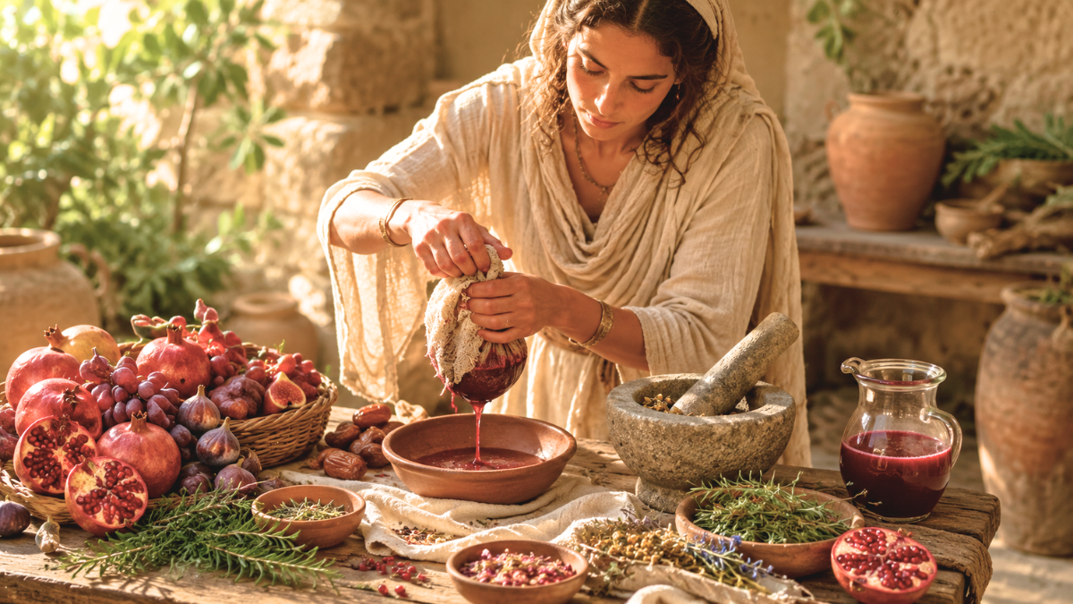 Woman using a linen cloth to press pomegranate juice using traditional methods in an ancient Mediterranean setting.