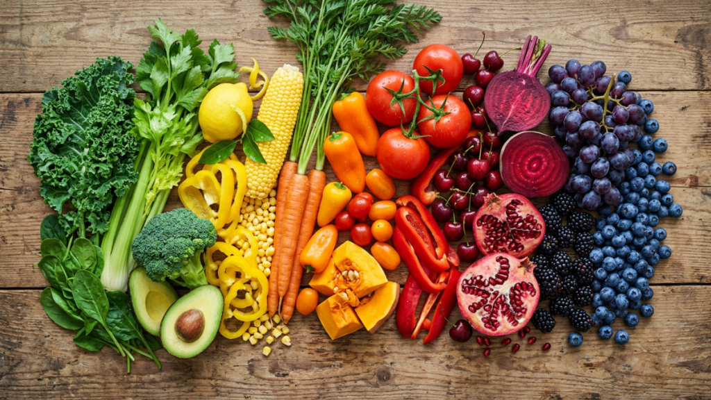 Rainbow arrangement of colourful phytonutrient-rich fruits and vegetables including kale, broccoli, carrots, beetroot, grapes, blueberries and pomegranate.