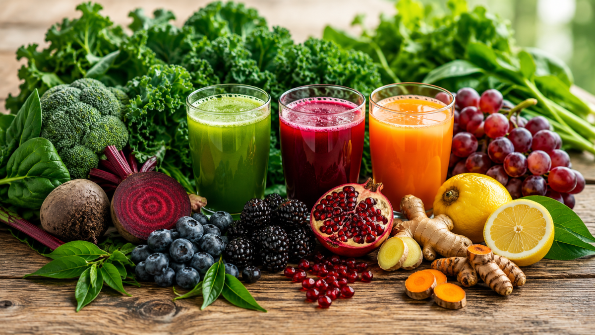 A colourful selection of phytonutrient-rich fruits, vegetables and fresh juices provides a wide spectrum of beneficial plant compounds that support overall health.