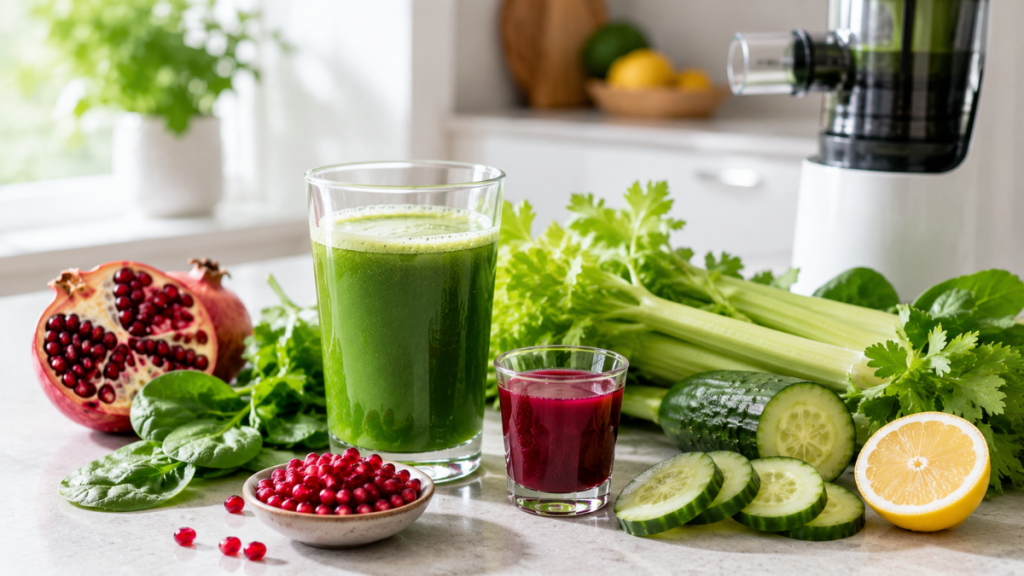 Pomegranate juice served with vegetable-based juicing ingredients for balanced functional juicing.