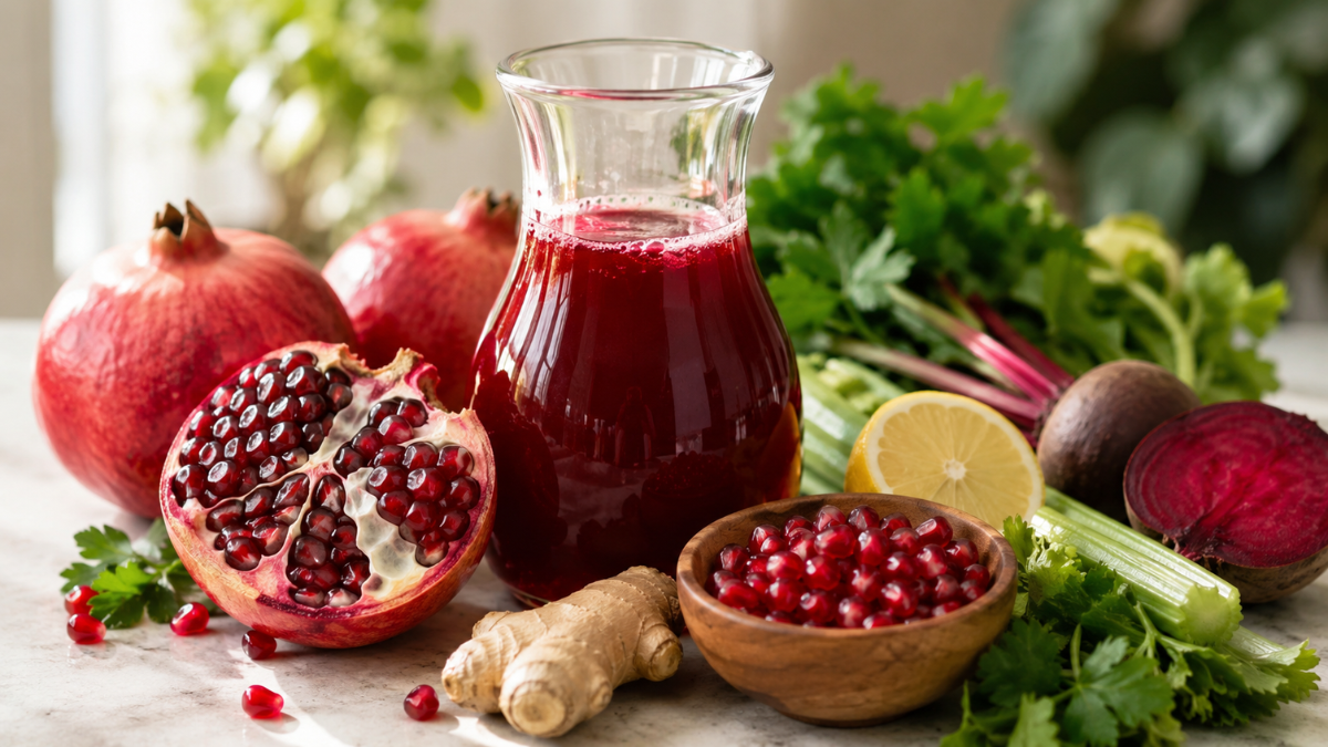 Pomegranate juice with fresh pomegranates and supporting juicing ingredients.