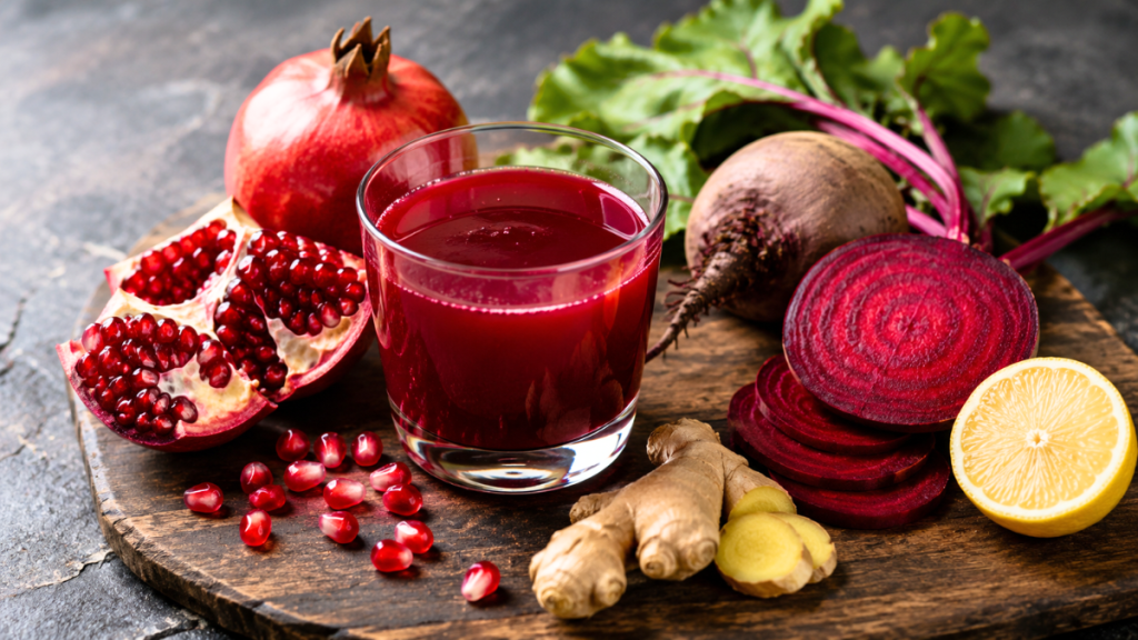 Pomegranate juice with beetroot and fresh ingredients associated with vascular health.