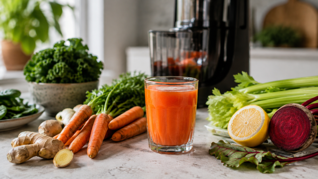 Carrot juice with celery, ginger, lemon and vegetables used in fresh juice blends.