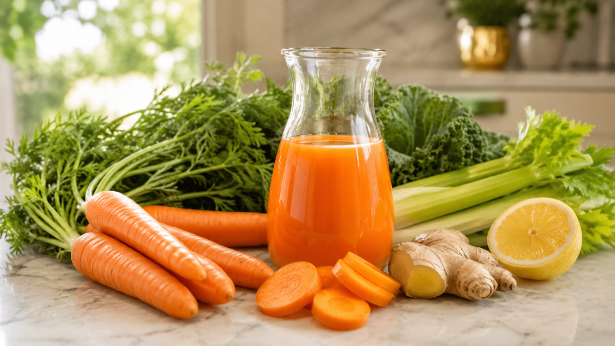 Fresh carrot juice with carrots, ginger, lemon and leafy greens.
