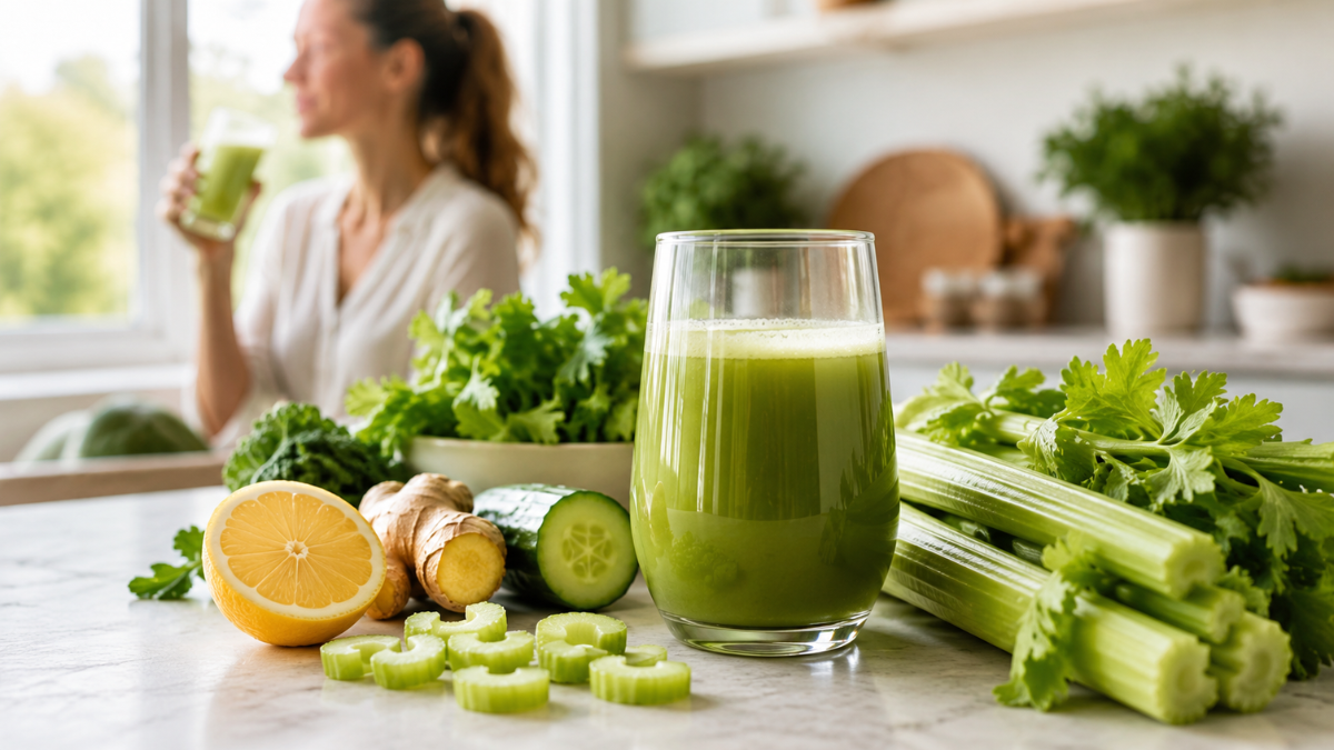 Celery juice with fresh celery, lemon, cucumber and ginger on a light stone worktop.