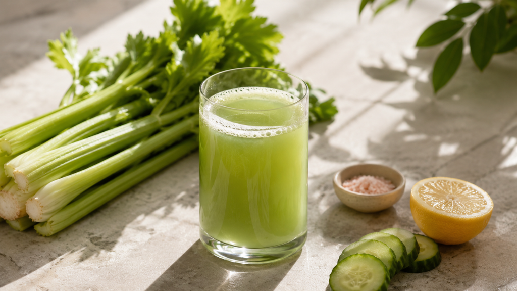 Celery juice with fresh celery, cucumber and lemon for hydration and fluid balance.