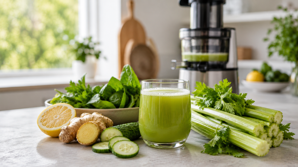 Celery juice with lemon, ginger and greens as part of a structured cleansing routine.