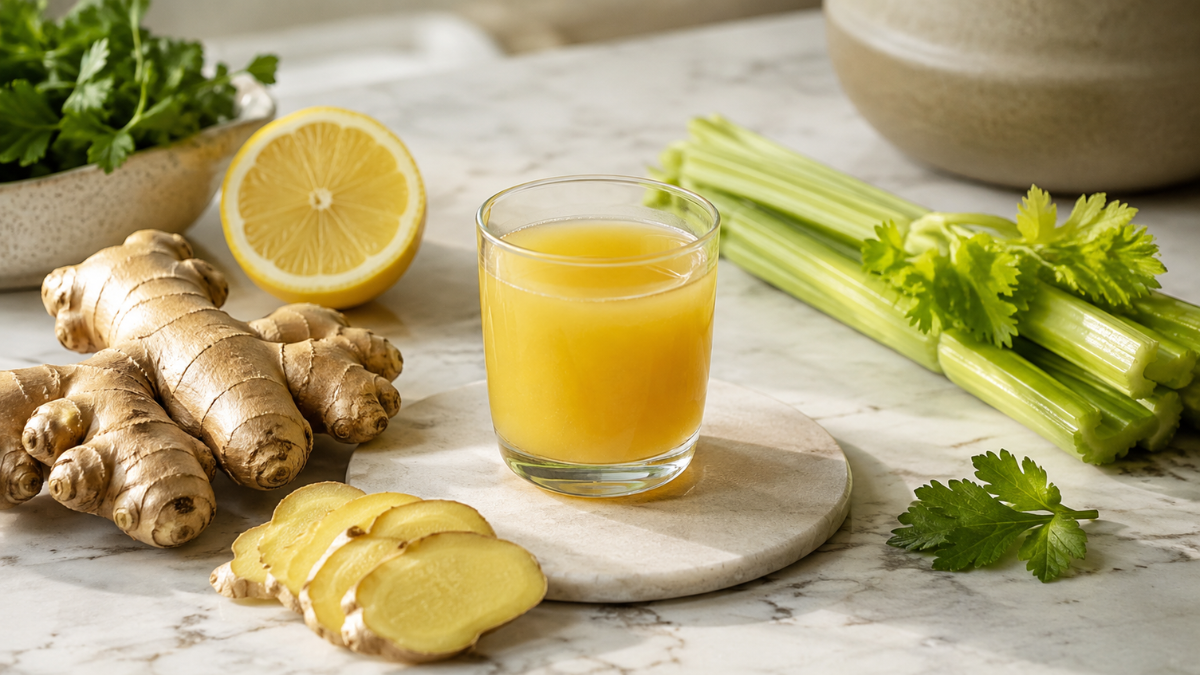 Ginger juice with fresh ginger root, lemon, celery and leafy greens on a light stone surface.