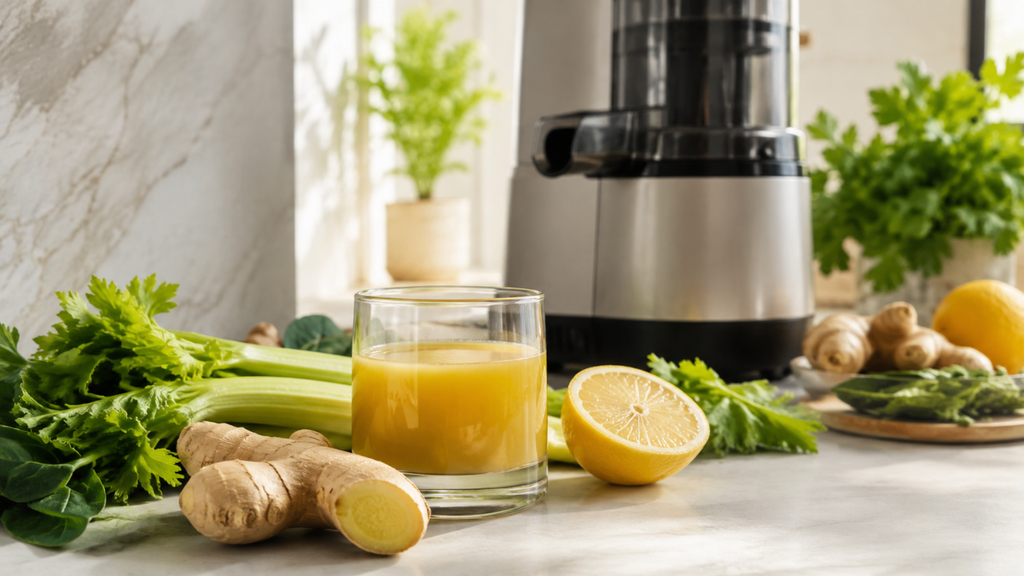 Ginger juice with lemon, celery and greens as part of a structured cleansing routine.