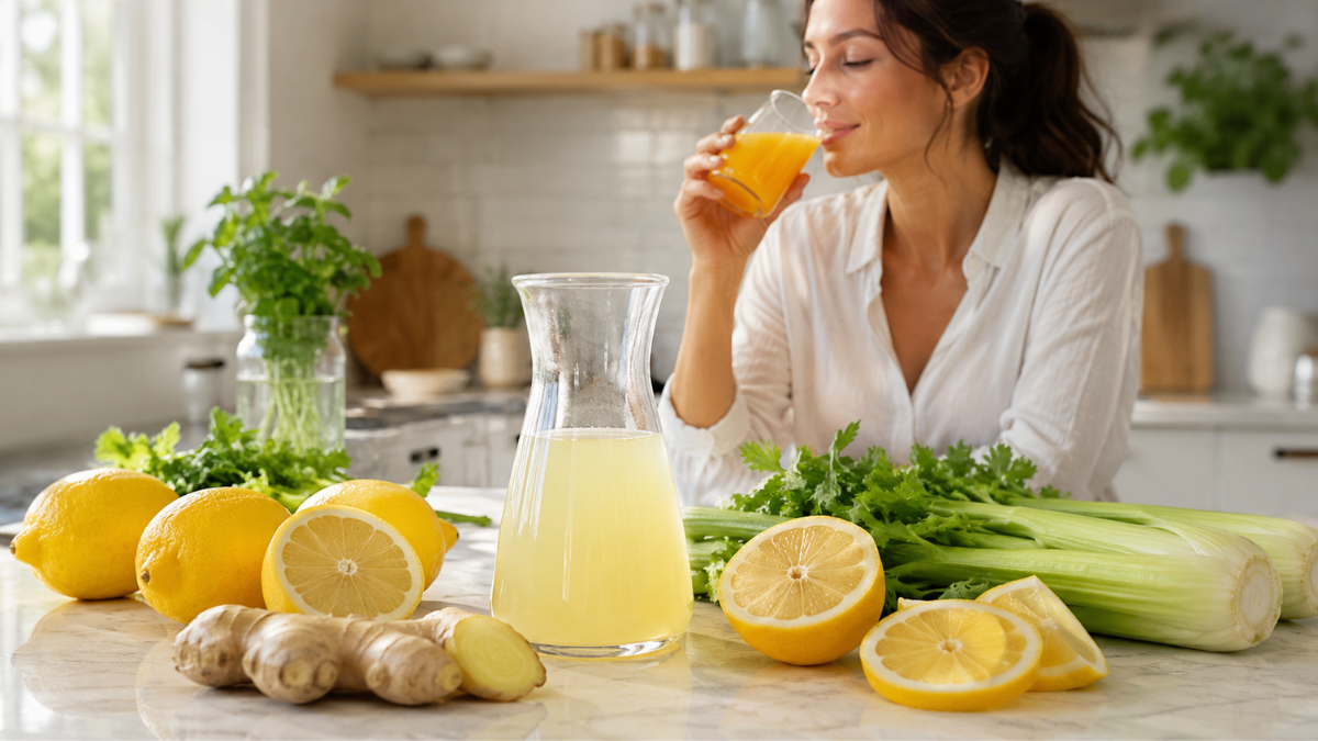 Woman drinking a mixed fruit juice beside lemon juice, fresh lemons, ginger and celery in a bright wellness kitchen.