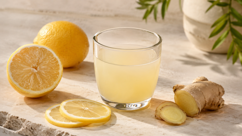 Glass of diluted lemon juice with halved lemons, lemon slices and fresh ginger on a light tabletop.