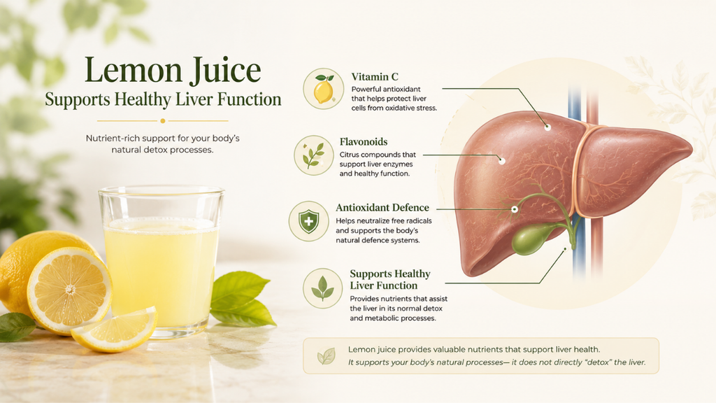 Infographic showing lemon juice, vitamin C, flavonoids and antioxidant support for healthy liver function.