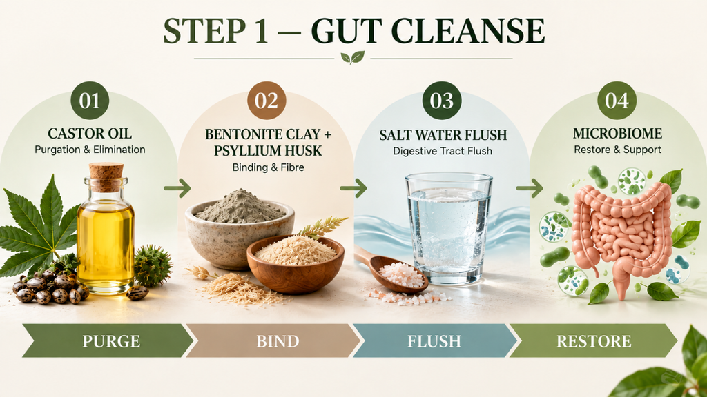 Four-phase gut cleanse process showing castor oil purgation, bentonite clay and psyllium husk, a salt water flush and microbiome support