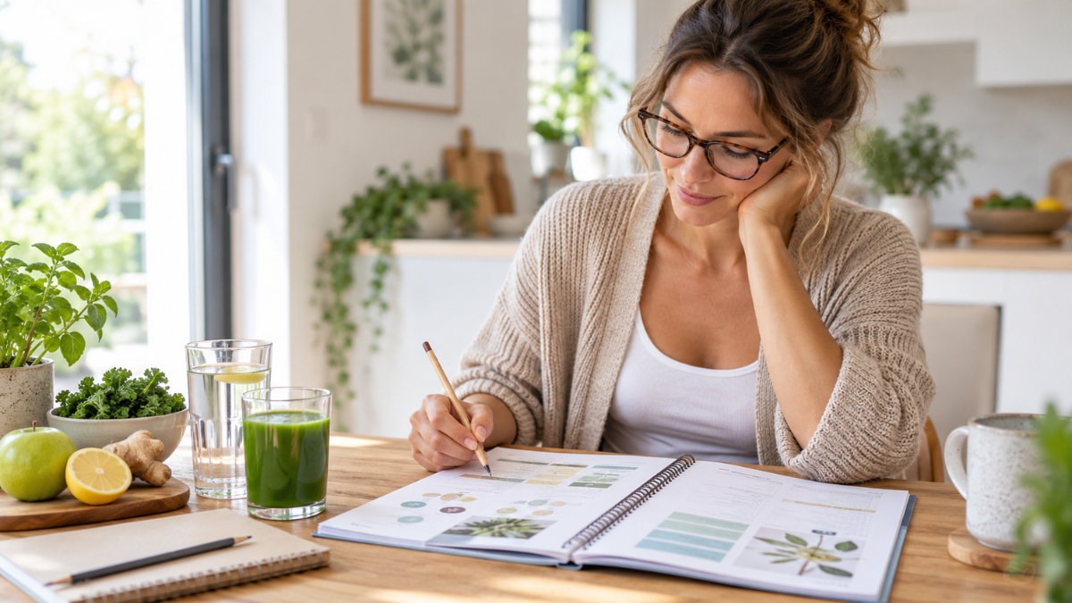 Woman reviewing a structured body detox guide with a pencil, glass of water and fresh green juice as part of a step-by-step body cleansing plan