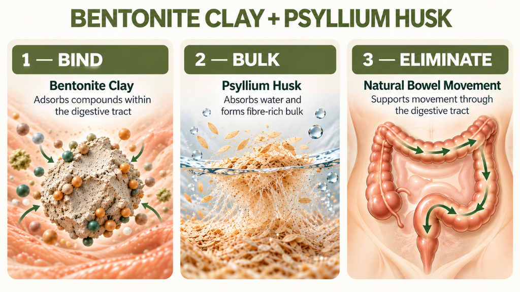 Diagram showing how bentonite clay binds compounds while psyllium husk absorbs water and provides fibre-rich bulk to support natural elimination.