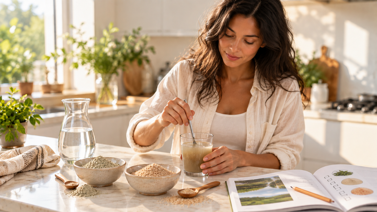 Woman preparing bentonite clay and psyllium husk with water as part of a natural gut cleansing programme.
