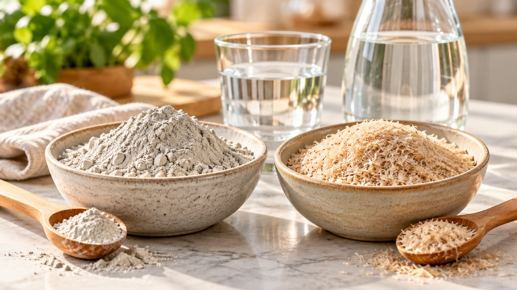 Bentonite clay and psyllium husk with water prepared as natural ingredients for gut cleansing.