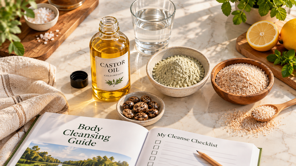 Organic cold-pressed castor oil with castor beans, bentonite clay, psyllium husk, water and natural ingredients arranged on a kitchen island as part of a structured gut cleanse.