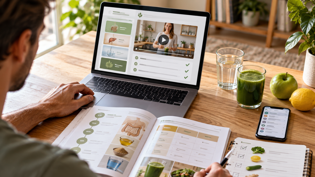 Man completing a full body cleanse at home using an online video tutorial, step-by-step programme guide, preparation checklist and email support
