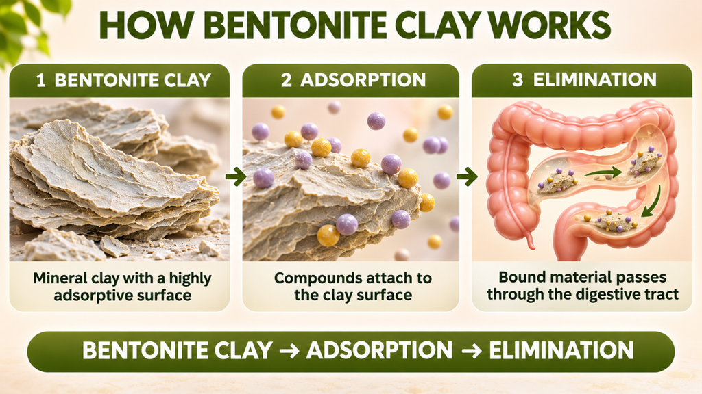 Diagram showing how bentonite clay adsorbs compounds onto its mineral surface before bound material passes through the digestive tract.
