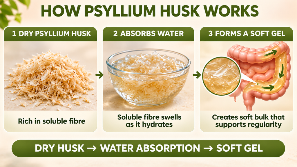 Diagram showing how psyllium husk absorbs water, swells and forms a soft gel that adds bulk and supports bowel regularity.