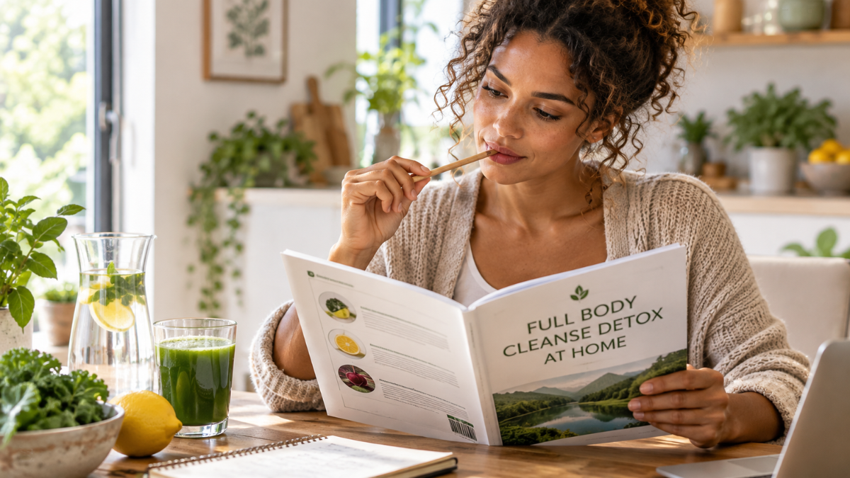 Woman at home reviewing a full body cleanse detox guide and preparing to follow a structured step-by-step body cleansing programme