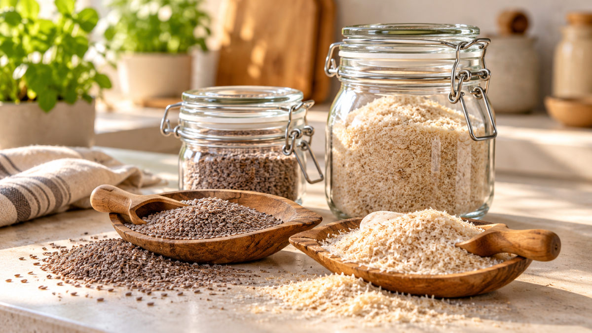 Psyllium husk and psyllium seeds displayed in glass jars and wooden bowls on a kitchen worktop.